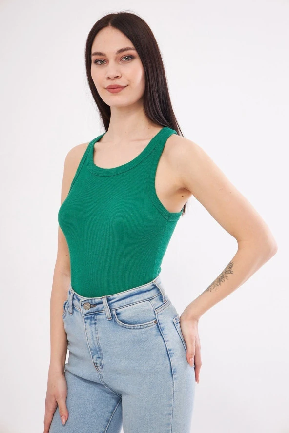 Kadın Yeşil Fitilli Likralı T-Shirt Halter Yaka Örme Atlet