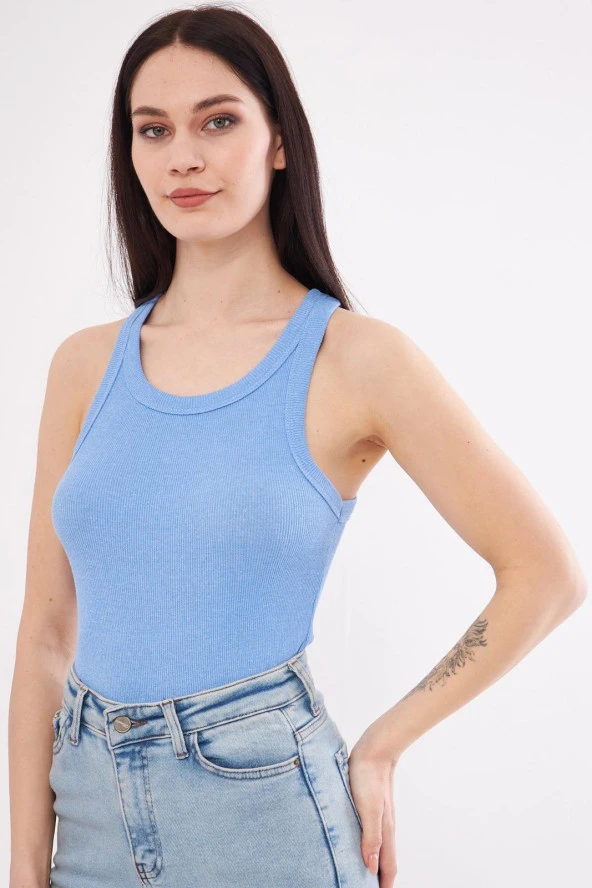 Kadın Fitilli Likralı T-Shirt Halter Yaka Örme Atlet