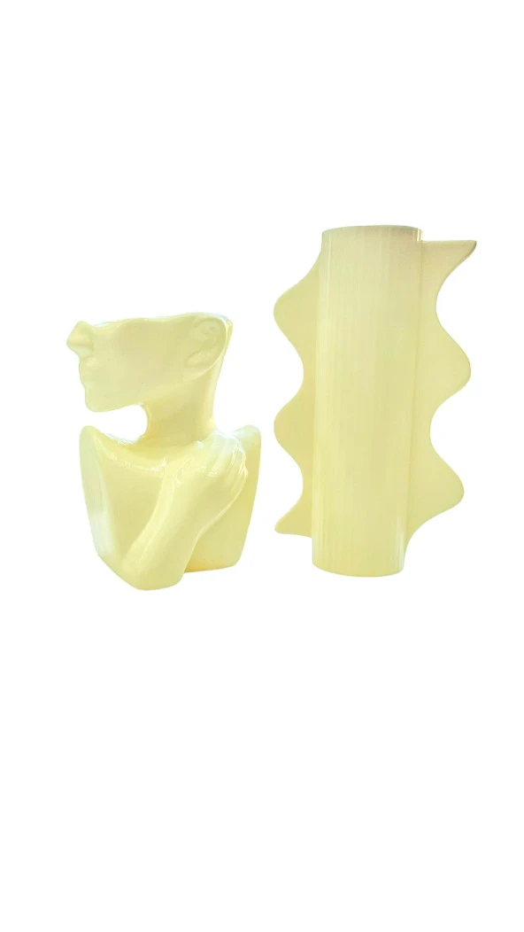 Bitki Tasarımı Soyut Yan Kadın ve Kelebek Vazo Saksı 2li Set - Resim 3