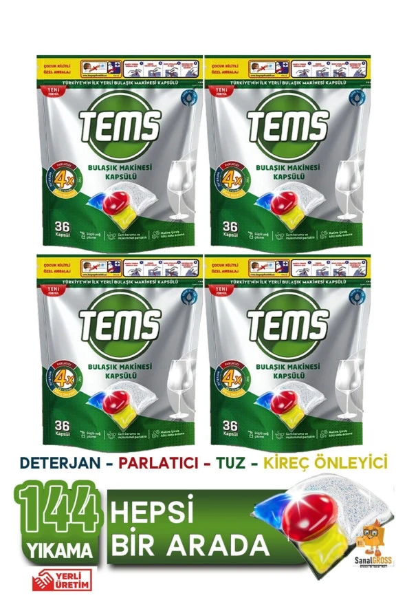 TEMS Bulaşık Makinesi Kapsül Deterjanı 36'lı x 4 Paket (144 Yıkama)