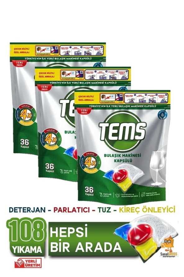 TEMS Bulaşık Makinesi Kapsül Deterjanı 36'lı x 3 Paket (108 Yıkama)