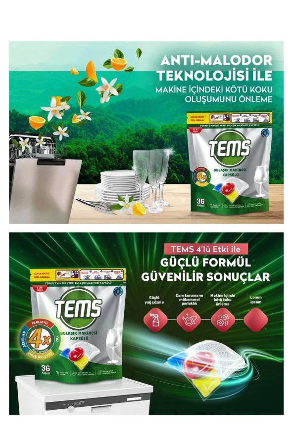 TEMS Bulaşık Makinesi Kapsül Deterjanı 36'lı x 3 Paket (108 Yıkama) - 2
