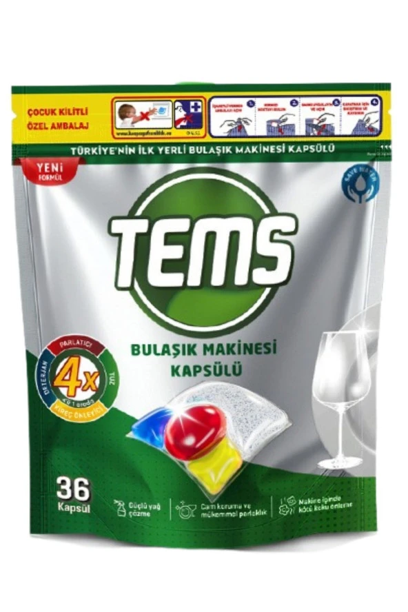 TEMS 4 Etkili Bulaşık Makinesi Kapsül Deterjanı 36'lı Yerli Ürün Anti Malodor Teknolojisi %100