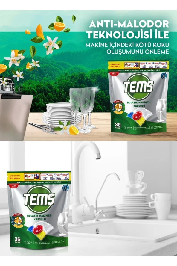 TEMS 4 Etkili Bulaşık Makinesi Kapsül Deterjanı 36'lı Yerli Ürün Anti Malodor Teknolojisi %100 - 2
