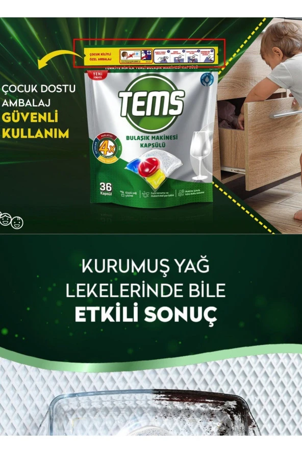 TEMS 4 Etkili Bulaşık Makinesi Kapsül Deterjanı 36'lı Yerli Ürün Anti Malodor Teknolojisi %100 - 3