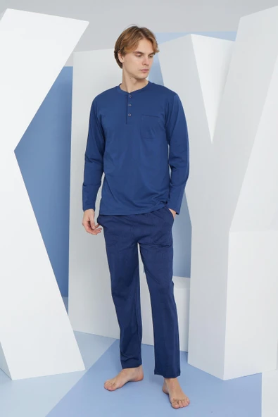 Kly 9258 Erkek Diğmeli Midi Yaka Uzun Kol Pijama Takım ürün görseli 1
