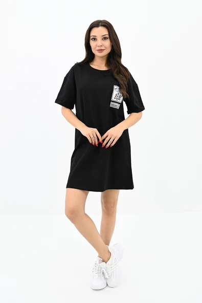 Kadın Baskılı Oversize T-shirt Elbise 5218-24