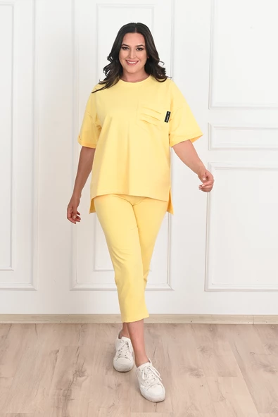 Kadın Yırtık Cep Detaylı Kısa Kollu Büyük Beden Kapri Eşofman Takım 8010-23 - 4
