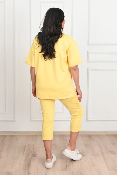 Kadın Yırtık Cep Detaylı Kısa Kollu Büyük Beden Kapri Eşofman Takım 8010-23 - 6