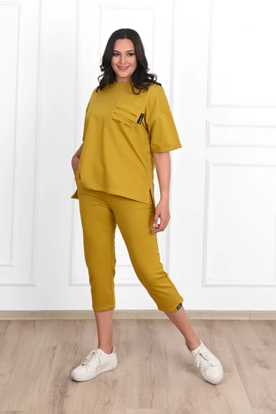 Kadın Yırtık Cep Detaylı Kısa Kollu Büyük Beden Kapri Eşofman Takım 8010-23 - 12
