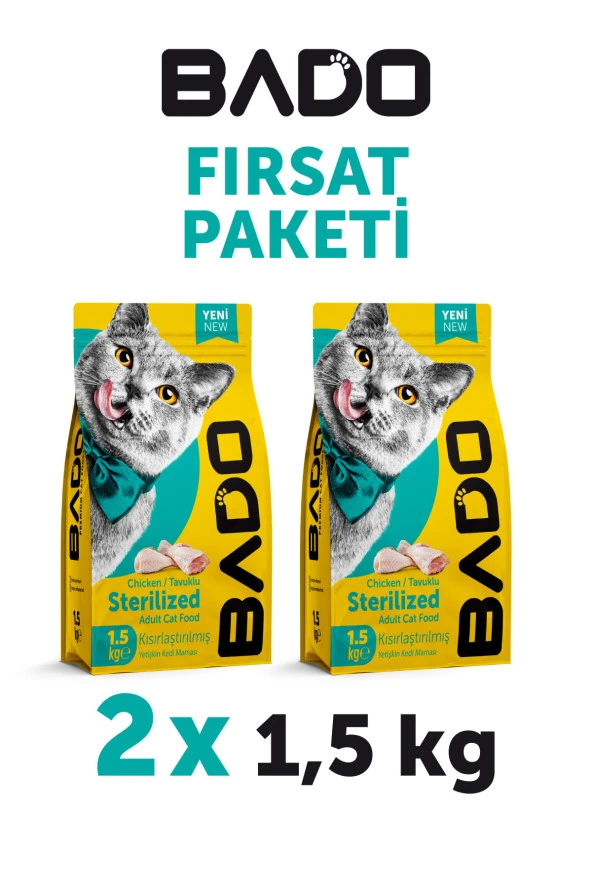 Bado Kısırlaştırılmış Yetişkin Kedi Maması Tavuk Etli 1,5 Kg 2'li