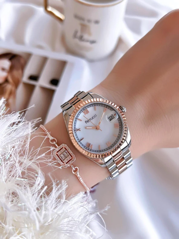 Ferrucci Çelik Kordon 2 Yıl Garantili Takvimli Kadran 30 Mt Suya Dayanıklı Kadın Kol Saati B.1301606X - Resim 2