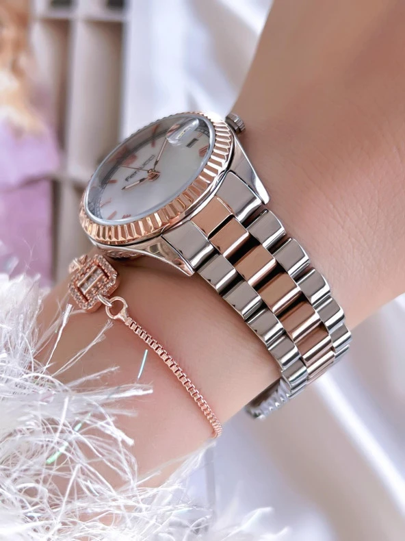 Ferrucci Çelik Kordon 2 Yıl Garantili Takvimli Kadran 30 Mt Suya Dayanıklı Kadın Kol Saati B.1301606X - Resim 3