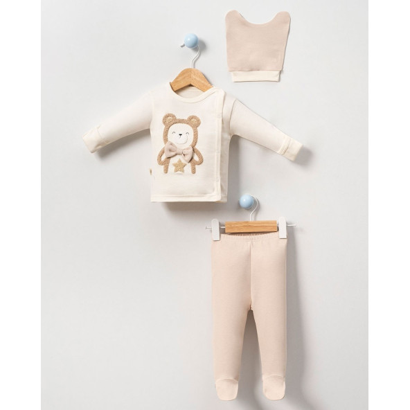 Ayıcık Nakışlı Erkek Bebek Hastane Çıkışı 3 Parça Zıbın Set