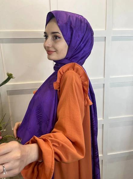 Loryan Scarf Jakarlı Şal, Floş Jakar Retro Şal 0129  MÜRDÜM - 3