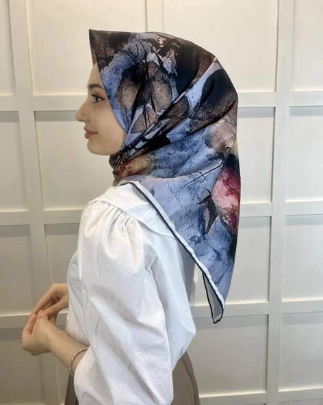 Quare Çiçek Desenli Rayon Eşarp 10701  LACİVERT - 4