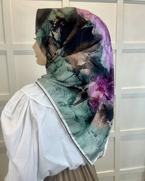 Quare Çiçek Desenli Rayon Eşarp 10701  ZÜMRÜT - Resim 3