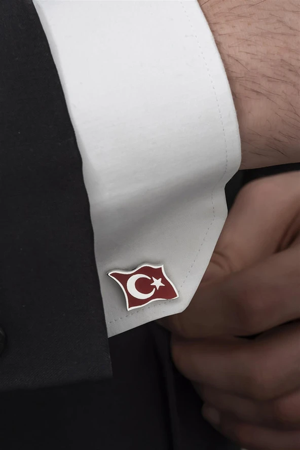 Ayyıldız Türk Bayrağı Mineli Gümüş Kol Düğmesi - 3