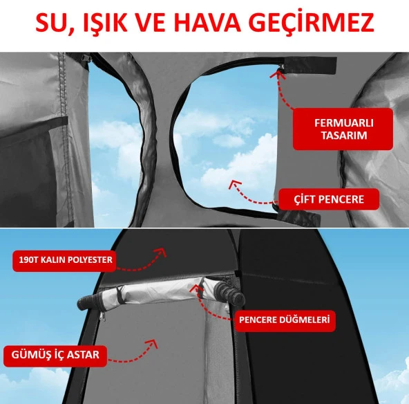 Valkyrie Kamp Outdoor WC Duş Giyinme Çadırı İç Astarlı 190x120x120 Fotoğraf Prova Kabini Siyah - 7