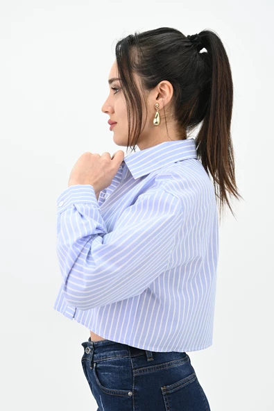 Kadın Çizgili Mavi Crop Gömlek 1738-24 - 6