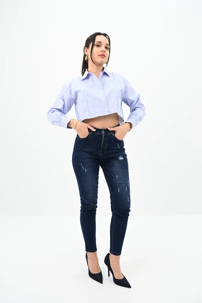 Kadın Çizgili Mavi Crop Gömlek 1738-24 - 2