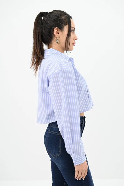 Kadın Çizgili Mavi Crop Gömlek 1738-24 - 4