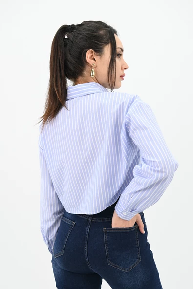 Kadın Çizgili Mavi Crop Gömlek 1738-24 - 5