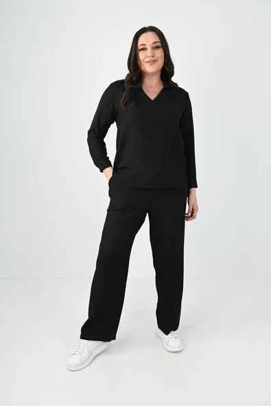 Kadın Büyük Beden Keten Kumaş Polo Yaka İkili Takım 8071-24 - 2