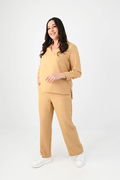 Kadın Büyük Beden Keten Kumaş Polo Yaka İkili Takım 8071-24 - 11