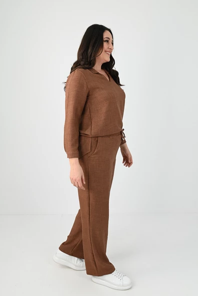 Kadın Büyük Beden Keten Kumaş Polo Yaka İkili Takım 8071-24 - 7