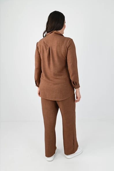 Kadın Büyük Beden Keten Kumaş Polo Yaka İkili Takım 8071-24 - 9