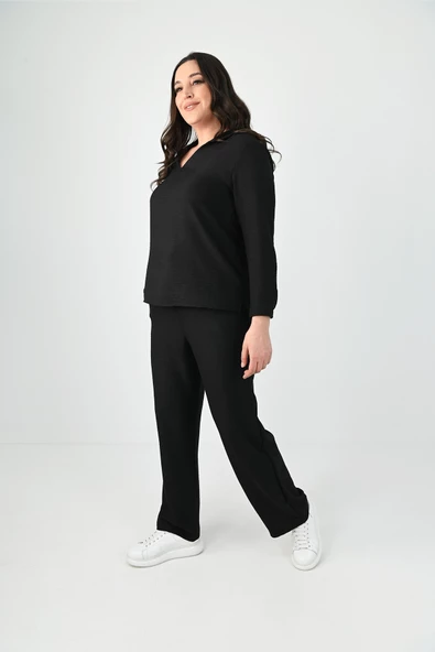 Kadın Büyük Beden Keten Kumaş Polo Yaka İkili Takım 8071-24 - 3