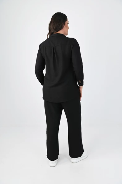 Kadın Büyük Beden Keten Kumaş Polo Yaka İkili Takım 8071-24 - 4