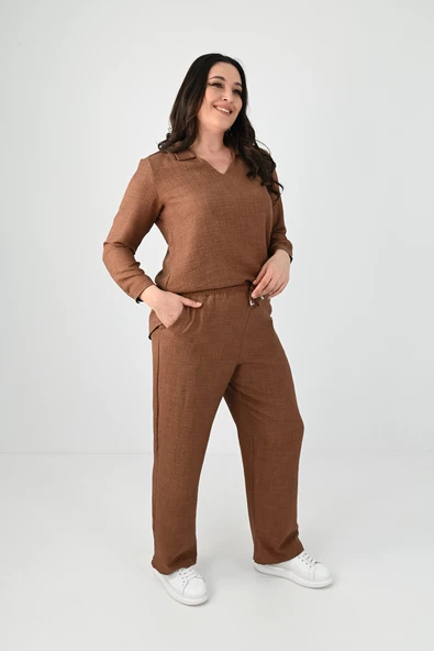 Kadın Büyük Beden Keten Kumaş Polo Yaka İkili Takım 8071-24 - 6