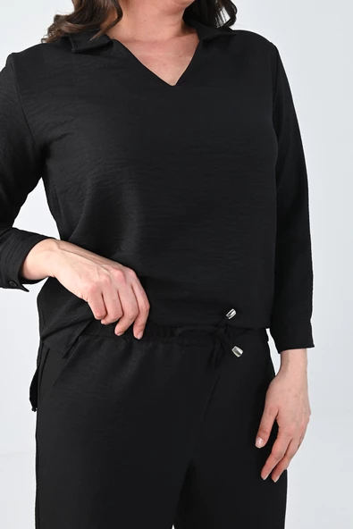 Kadın Büyük Beden Keten Kumaş Polo Yaka İkili Takım 8071-24 - 5