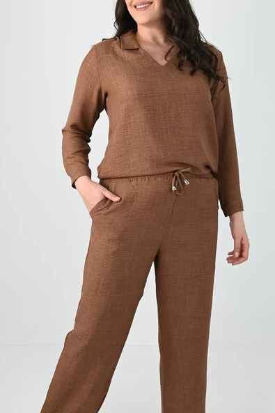 Kadın Büyük Beden Keten Kumaş Polo Yaka İkili Takım 8071-24 - 8