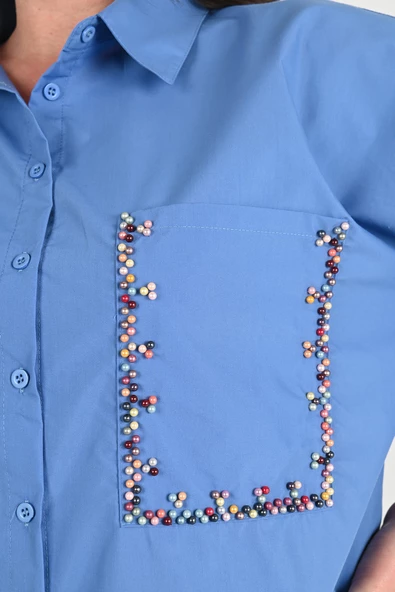 Kadın Büyük Beden Cep Boncuk Gömlek 1673-24 - 5