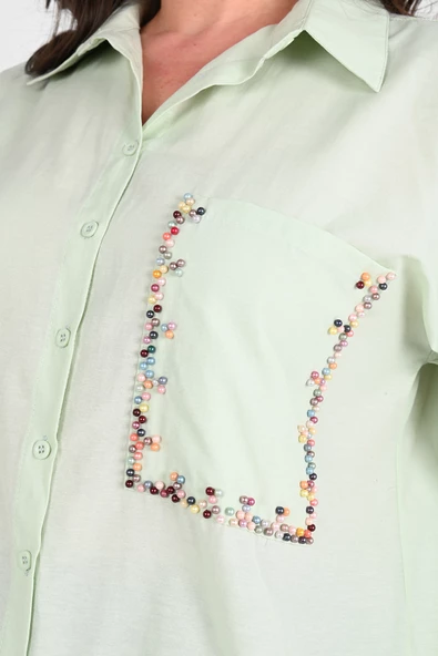 Kadın Büyük Beden Cep Boncuk Gömlek 1673-24 - 11