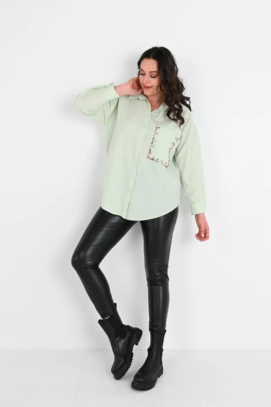 Kadın Büyük Beden Cep Boncuk Gömlek 1673-24 - 9