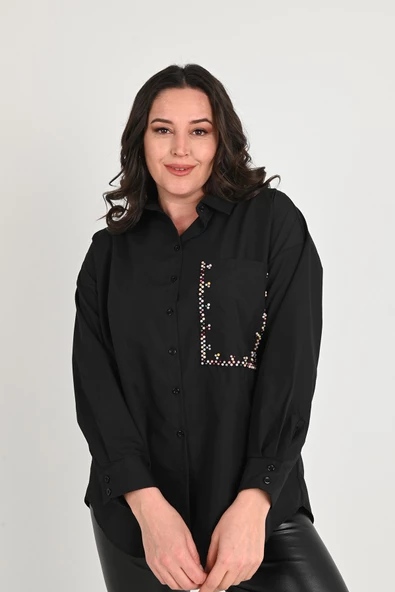 Kadın Büyük Beden Cep Boncuk Gömlek 1673-24 - 6