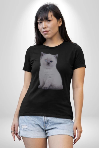 Beyaz Yavru Kedi Kadın Erkek Unisex Beyaz Organik Baskılı T-Shirt Penye Yüksek Kalite