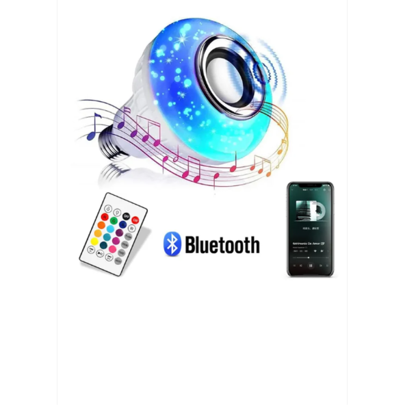 Bluetooth Hoparlör Led Akıllı Ampul Lamba 12 Renk Kumandalı Beyaz Buetooth