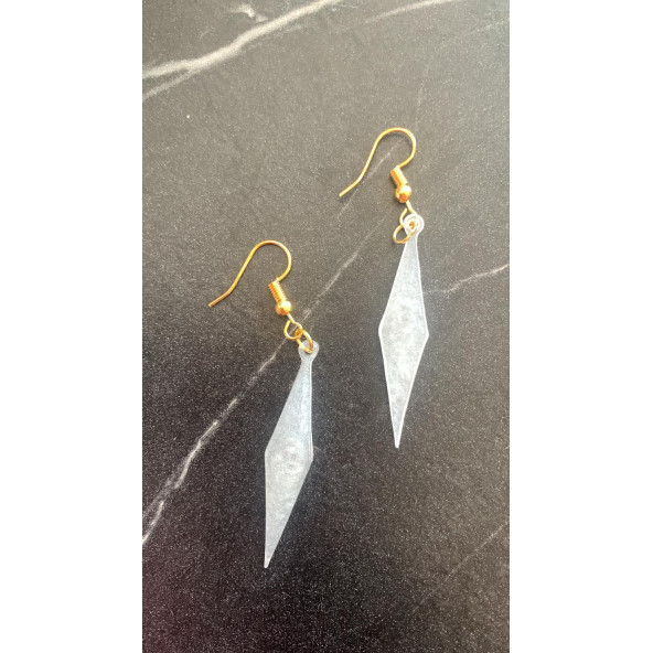 Şeffaf Beyaz Sedefli Renk Gold Aksesuar Parlak Büyük Karo Şekil Sallantılı Epoksi Küpe Hediyelik - 5