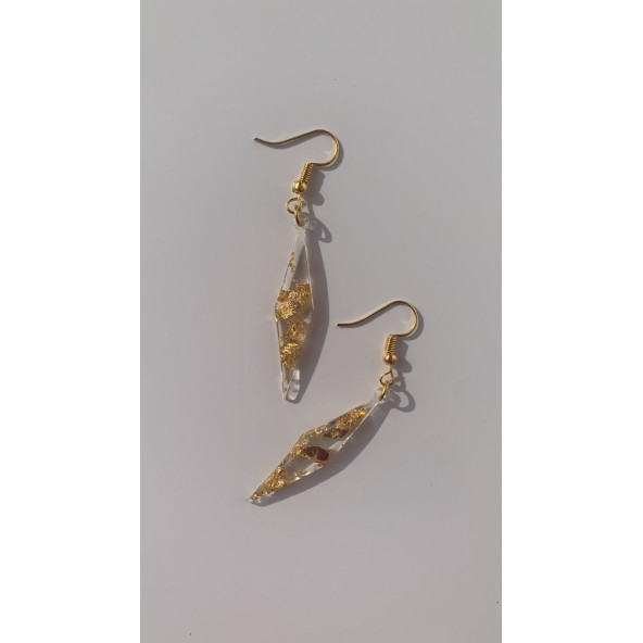 Şeffaf Renkli Gold Varak Süslemeli Gold Aksesuar Parlak Büyük Karo Şekil Sallantılı Epoksi Küpe - Resim 3