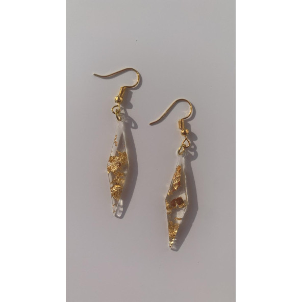 Şeffaf Renkli Gold Varak Süslemeli Gold Aksesuar Parlak Büyük Karo Şekil Sallantılı Epoksi Küpe - Resim 4