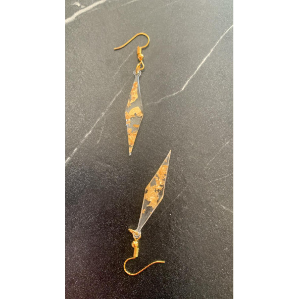 Şeffaf Renkli Gold Varak Süslemeli Gold Aksesuar Parlak Büyük Karo Şekil Sallantılı Epoksi Küpe - Resim 5