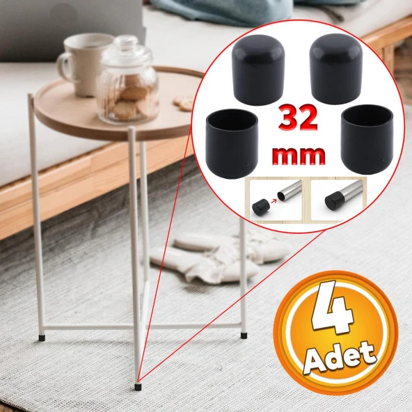 Masa Sandalye Sehpa Ayak Tapası Tıpa Papuç Takoz Yuvarlak Siyah 32 mm Parke Zemin Koruyucu 4 Adet