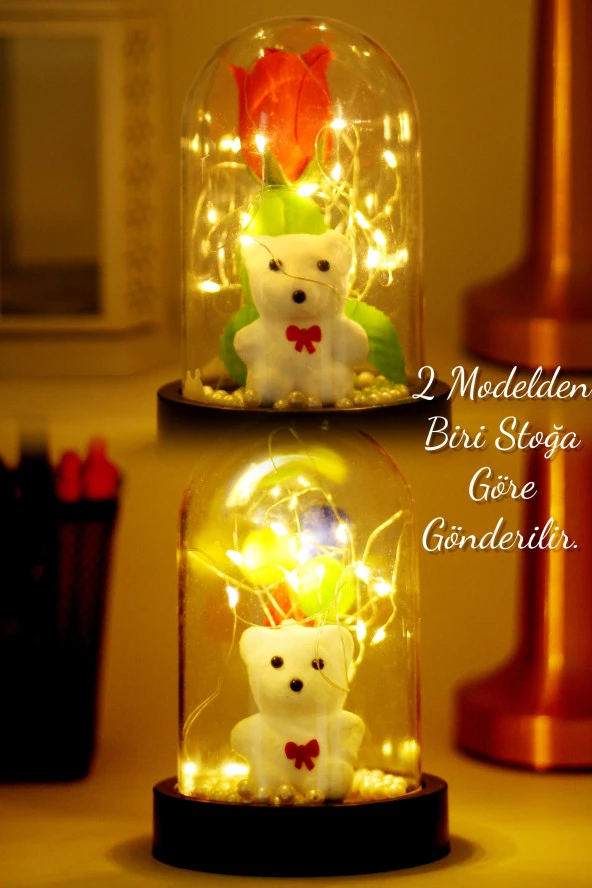 3 Modlu Led Işıklı Fanus İçinde Beyaz Ayıcık Detaylı Sevgiliye Hediyelik Dekoratif Gece Lambası - 2