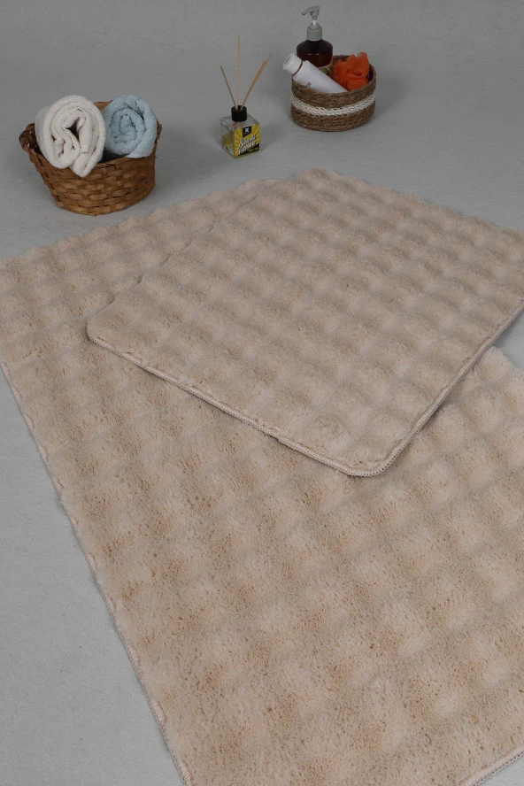 Modern Bubble Yıkanabilir Kaymaz Peluş Banyo Paspası Halısı 2'li Klozet Takımı 50x80-50x40cm Açık Bej - 3