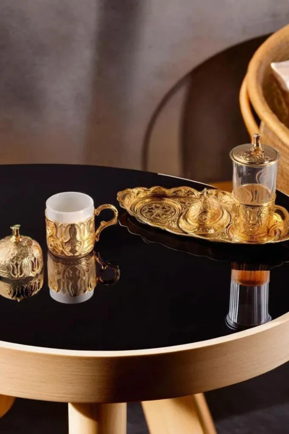 Ottoman Series Tepsili Altın Renkli Tek Kişilik Kahve Fincan Seti ve Su Bardağı 100 ml